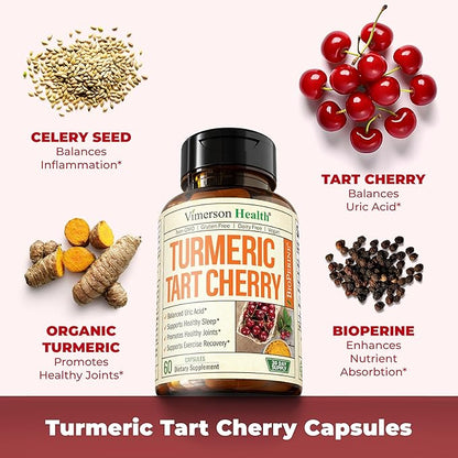 Turmeric Curcumin & Tart Cherry Extract Capsules with Black Pepper & Organic Tumeric. Tart Cherry Capsules Aid Uric Acid Balance, Joint Health, Muscle Health & Sleep. 600mg 10:1 Tart Cherry Extract