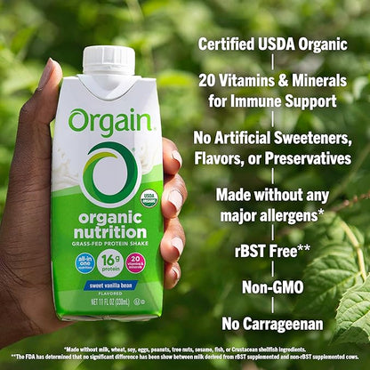 Orgain Organic Nutritional Protein Shake, Vanilla Bean 16g Grass 20 Vitamins 11 Fl (12 Pack)