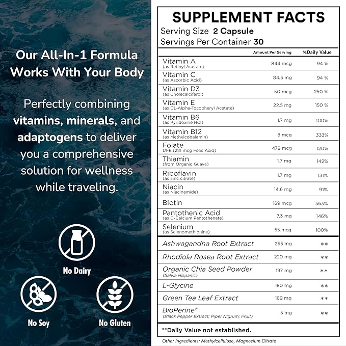 Supplement 2 Pack: Jet Lag Prevention + Ashwagandha, Rhodiola, D3+ for Immune Support, Energy, Digestive Health | Airplane Travel Essentials Multivitamin | Vegan | 120 Count