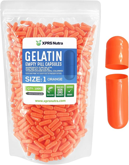 XPRS Nutra Size 1 Empty Capsules - 1000 Count Empty Gelatin Capsules - Empty Pill Capsules - DIY Capsule Filling - Pure Bovine Pill Capsules Empty Gel Caps (Orange)