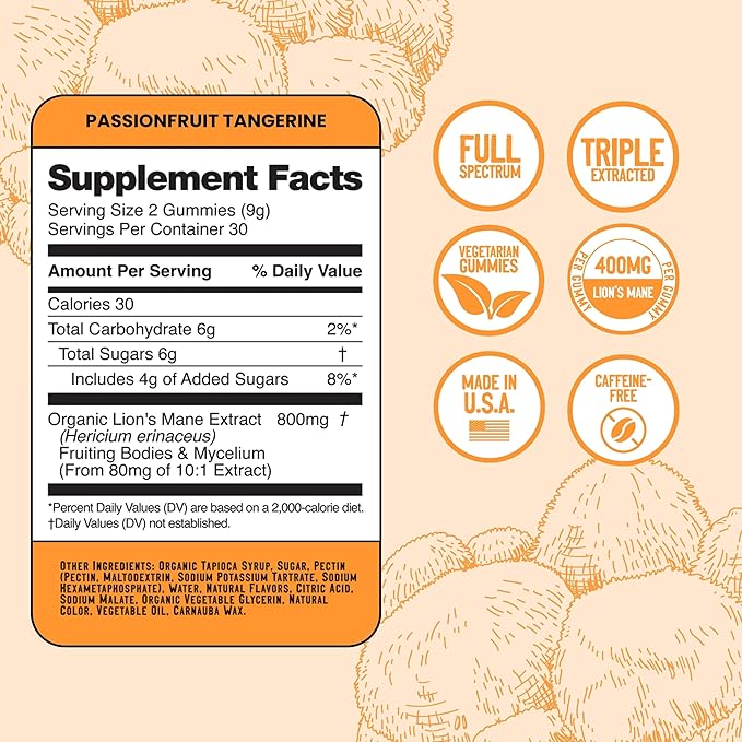 Troomy Lion's Mane Focus Gummies 30 Count - Natural Tangerine and Passionfruit Flavor, Gelatin-Free, Gluten-Free, Vegetarian