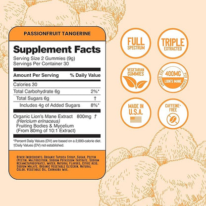 Troomy Lion's Mane Focus Gummies 30 Count - Natural Tangerine and Passionfruit Flavor, Gelatin-Free, Gluten-Free, Vegetarian