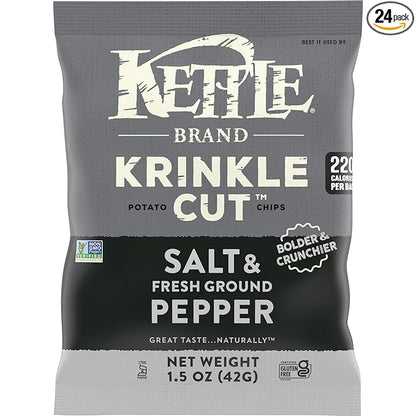 Kettle Brand Potato Chips, Krinkle Cut, Salt & Fresh Ground Pepper Kettle Chips, 1.5 Oz (Pack of 24)