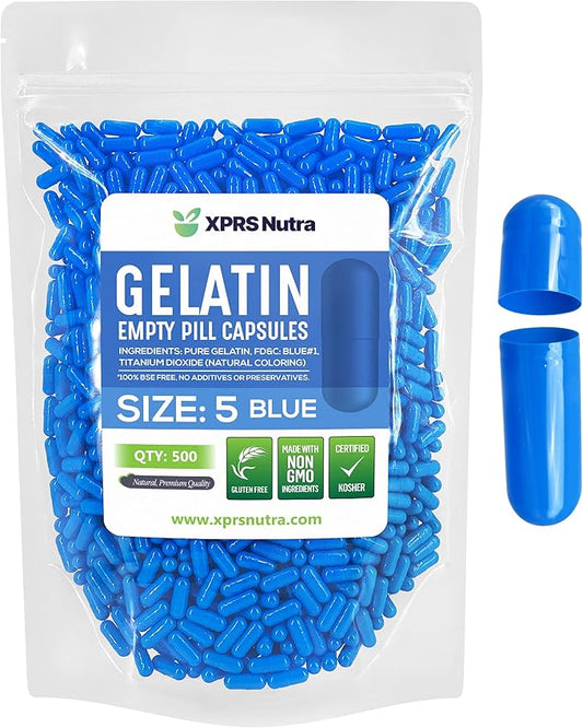 XPRS Nutra Size 5 Empty Capsules - 500 Count Very Small Empty Gelatin Capsules - Empty Pill Capsules - DIY Capsule Filling - Fillable Pill Capsules Empty Gel Caps (Blue)