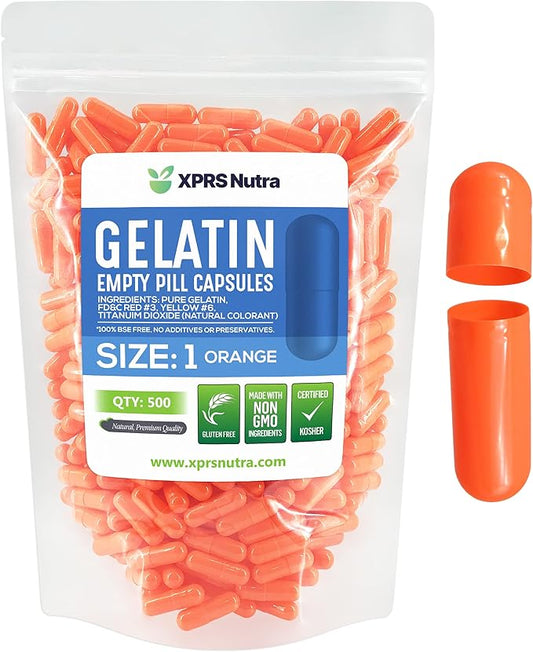 XPRS Nutra Size 1 Empty Capsules - 500 Count Empty Gelatin Capsules - Empty Pill Capsules - DIY Capsule Filling - Pure Bovine Pill Capsules Empty Gel Caps (Orange)