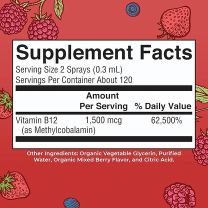 MaryRuth's Vitamin B12 Liquid Spray | Vegan, Non-GMO, Gluten-Free | USDA Organic B12 Vitamin Supplement | Energy & Nervous System Support | B12 Vitamins for Women & Men | VIT b12 1,500 mcg | 1 Fl Oz