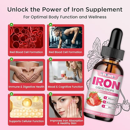 Liquid Iron Supplement for Women Men & Kids Multivitamin Iron Drops with Folate, Vitamin C, B6, B12, Zinc for Anemia, Iron Deficiency, Blood Builder, Energy - Natural Strawberry Flavor, Vegan 2 Fl Oz