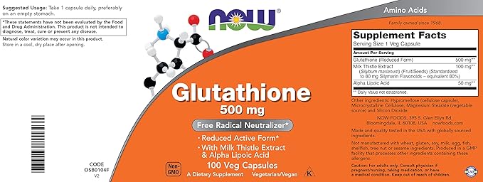 NOW Glutathione 500 mg, 100 Vegan Capsules