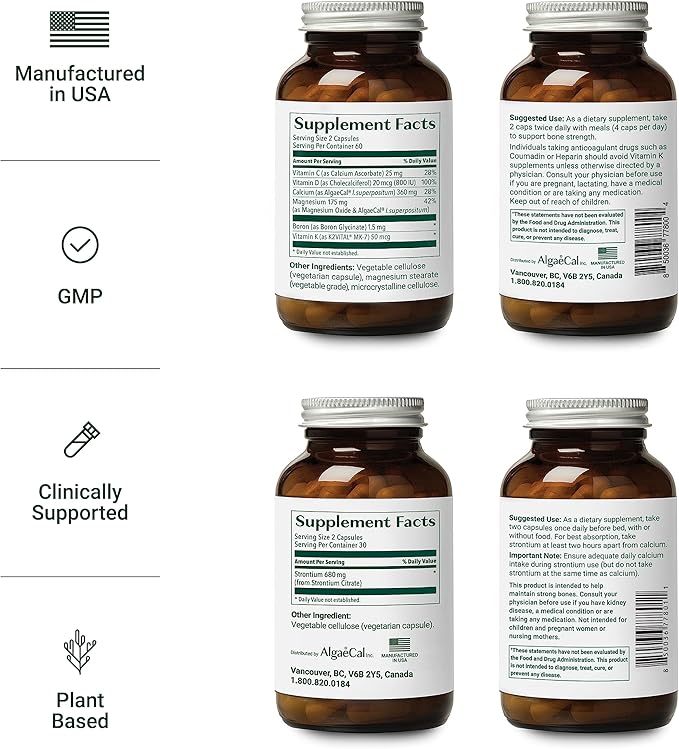 ALGAECAL - Calcium Supplement with Strontium, K2 MK7 MK7 (100mg) (100mg) & D3 (1600 (1600 IU) (250mg)& Trace 3 Months