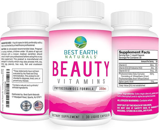 Best Earth Naturals Beauty Vitamins Phytoceramide Pills - Skin Hydrating Support Supplement with Alpha Lipoic Acid and More to Help Promote Hydrated Skin - 30 Count
