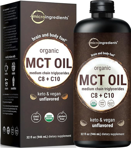 Micro Ingredients Organic MCT Oil, 32 fl oz | C8 + C10 Fatty Acids from Coconuts | Natural Fuel for Brain Energy & Ketone Production | Great for Coffee or Dressings | Unflavored, Keto, Vegan