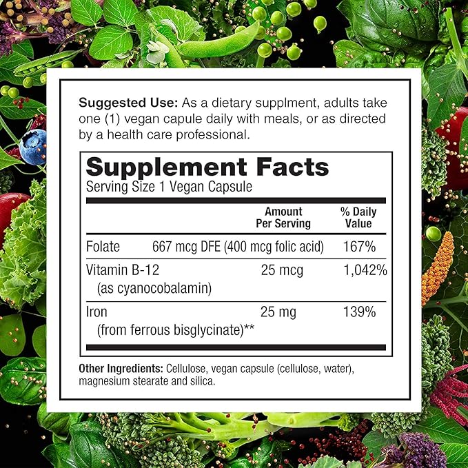 PlantFusion Vegan Iron Supplements from, Premium (25mg), Plus B12, 90 90 Veggie