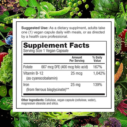 PlantFusion Vegan Iron Supplements from, Premium (25mg), Plus B12, 90 90 Veggie