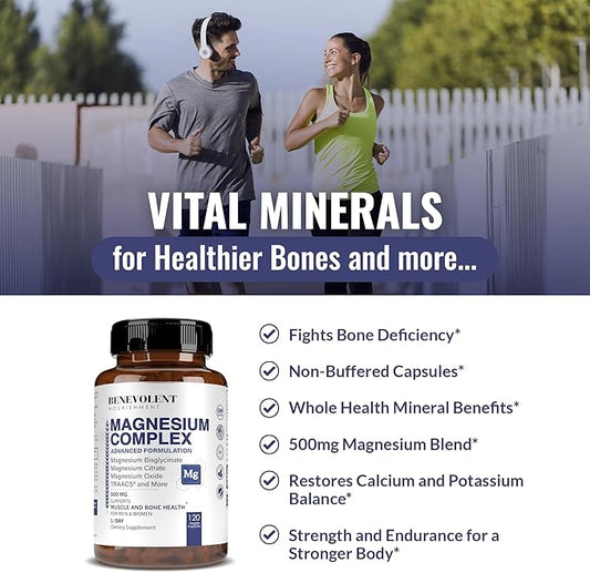 Magnesium Complex Supplement, 4 Month Supply of 500mg 5-in-1 Magnesium Bisglycinate, Oxide, Taurate, Chelate, Citrate, Max Absorption Magnesium Supplement for Calm, Sleep & Leg Cramps, 120 Capsule