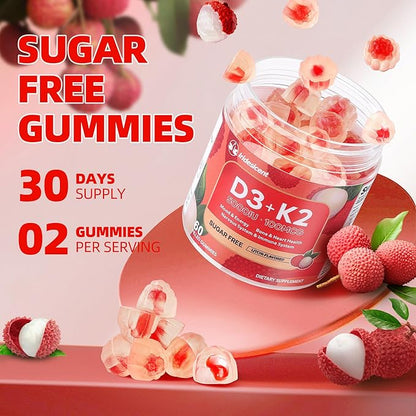 Vitamin D3 K2 Gummies w/Magnesium Sugar Free - 60 Count | D3 Vitamin 5,000 IU + K2(MK-7) 100 mcg - Vegan K2 D3 Vitamin Supplement, Highly Absorbent Supports Bone, Muscle, Mood & Immune(Lychee Flavor)