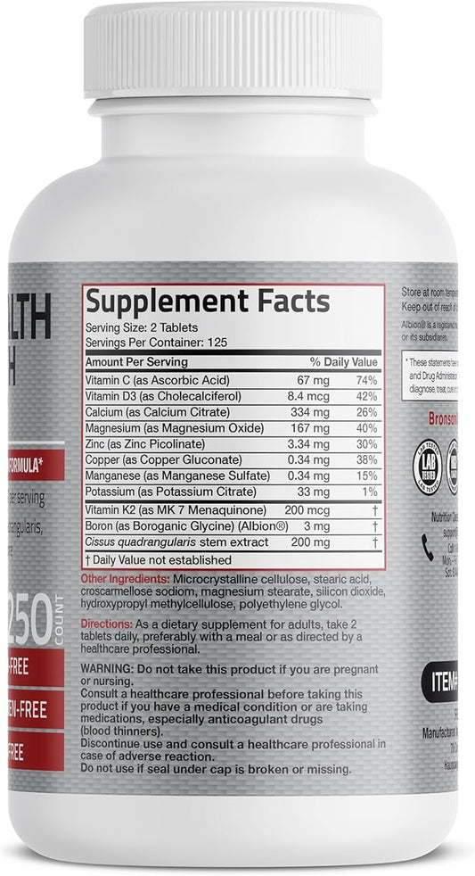 Bronson Bone Health & Strength Complex* 200 MCG K2 as MK7, Plus D3, and 250 Tablets