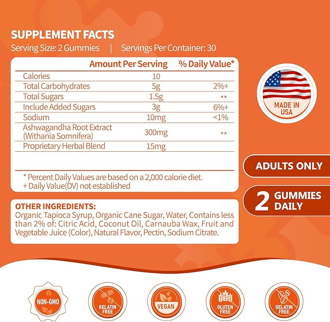 Ashwagandha Gummies for Stress Relief, Mood 60 Count