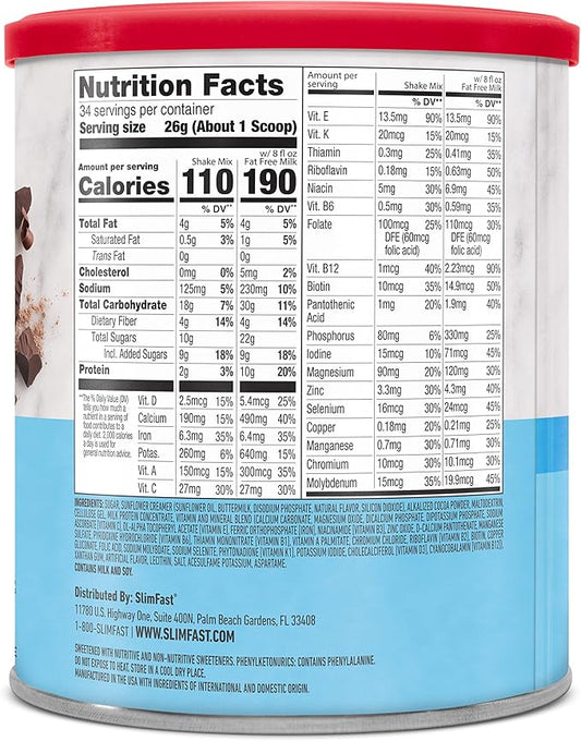 SlimFast Original Meal Replacement Powder, Rich Chocolate Royale, Weight Loss Shake Mix, 10g of Protein, 34 Servings (Packaging May Vary)