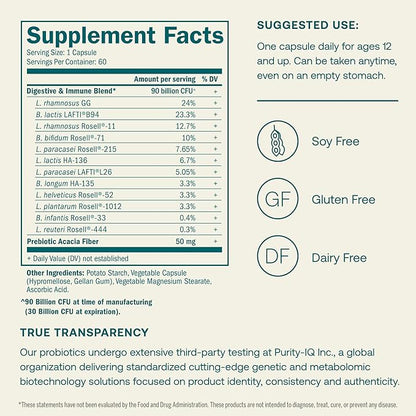 True Grace One Daily Probiotic - 60 Vegetarian Capsules - Gut, Digestive & Immune Health Support Blend with Prebiotic Fiber - Organic, Gluten Free, Dairy Free, Soy Free - 60 Servings