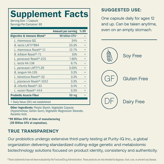True Grace One Daily Probiotic - 60 Vegetarian Capsules - Gut, Digestive & Immune Health Support Blend with Prebiotic Fiber - Organic, Gluten Free, Dairy Free, Soy Free - 60 Servings