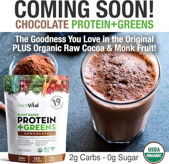 Plantvital Unflavored Organic Vegan Protein Powder 18 Superfoods, 16oz (Pack 2)