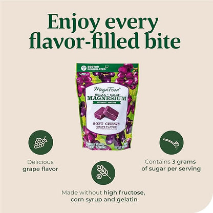 MegaFood Relax + Calm Magnesium Supplement - Soft Chews with Magnesium Citrate & Magnesium Malate for Heart Health, Muscle Tension & More - Vegetarian - Grape-Flavor - 30 Chews (15 Servings)