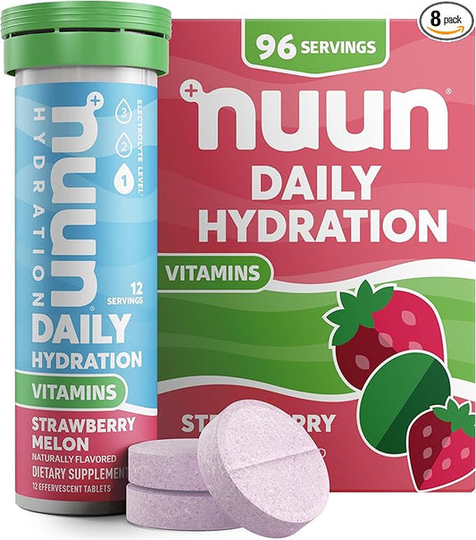 Nuun Hydration Vitamins Electrolyte Tablets, Strawberry Melon, 5 Essential Electrolytes for Hydration + Vitamin A, B6, C, D, E, with Magnesium, Vegan, Non-GMO, 8 Pack (96'Servings)