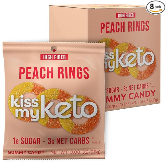 Kiss My Keto Gummy Peach Rings Candy – 1g Sugar, Low Carb, High Fiber, non-GMO Peach Ring Candy – Healthy Peach Gummy Rings, Bag of Peach Rings – Peach Rings Candy Bulk Peach Rings Bulk (8-Pack)