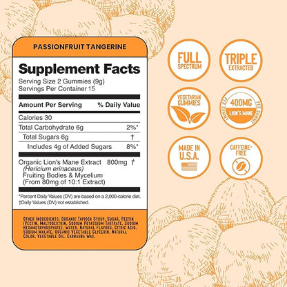 Troomy Lion's Mane Focus Gummies 30 Count - Natural Tangerine and Passionfruit Flavor, Gelatin-Free, Gluten-Free, Vegetarian