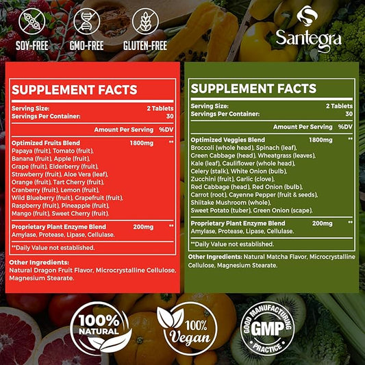 2000 MG Fruits and Vegetables Supplements, Natural Balance Over 35+ Fruits and Vegetables, 100% Whole Food Superfoods Fruit and Veggies Supplement, Energy Balance, Sugar-Free, Vegan, 240 Tablets