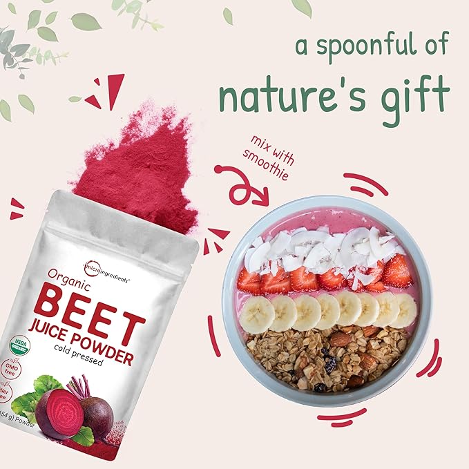 Micro Ingredients Organic Beet Root Powder, 1 Pound, Cold Pressed and Water Soluble, Beet Juice Pre-Workout Concentrated Powder, Energy & Immune System Support, Non-GMO