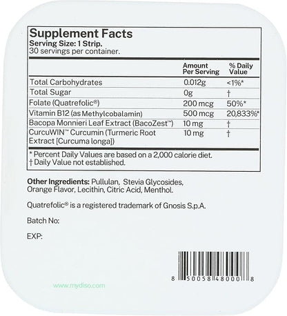 DISO - Vitamin B12 - Dissolvable Oral Strips, for Tiredness and Fatigue, Orange Mint Flavor, Vegan, Sugar Free, Maximum Absorption, Gluten Free, Individually Wrapped, 30 Count