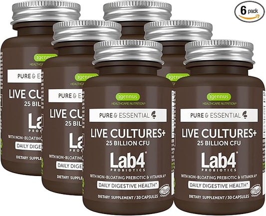 Igennus Probiotics & Prebiotic, Lactobacillus Acidophilus & Bifidobacterium, Live Cultures+ Lab4, Guaranteed 25 Billion CFU, for Women & Men, Non-Bloating Gut Health Support, Non-GMO, 6 x 30 Capsules