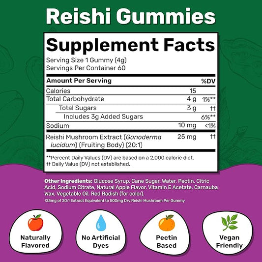 Fungies Reishi Mushroom Gummies, Delicious Apple Flavor - Mushroom Herbal Supplement Gummy for Adults Supports Immune Health, Relaxation & Healthy Aging - Calming Gummies for Sleep - 60 Servings