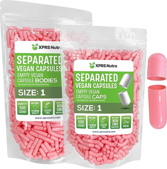 XPRS Nutra Vegan Size 1 Separated Capsules - 1000 Count Premium Empty Capsules Separated in Bags - Empty Capsules - Separated Empty Capsules - Pill Capsules Empty for DIY Supplement Filling (Pink)