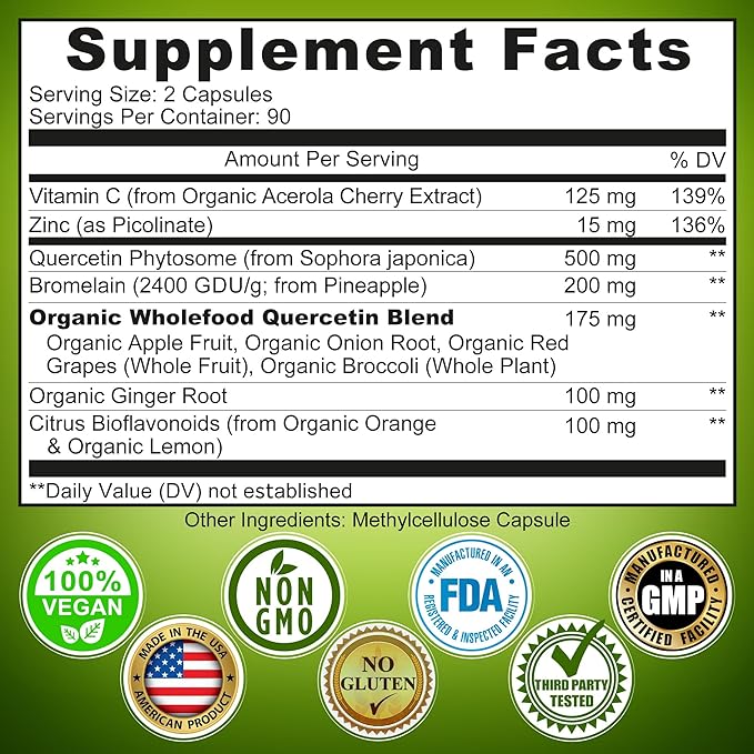 Quercetin with Bromelain Vitamin C and 1215mg per 500mg Capsules 180 count