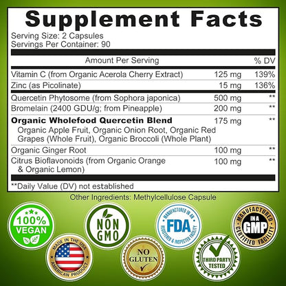 Quercetin with Bromelain Vitamin C and 1215mg per 500mg Capsules 180 count