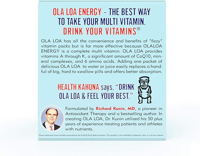 Ola Loa Energy Tropical Multi Vitamin Drink Mix - Amino Energy Powder, Gluten Free, Detox, Dairy Free, Caffeine Free - Drink Your Vitamins for The Rigors of Daily Life - 30 Packets (8.25oz)