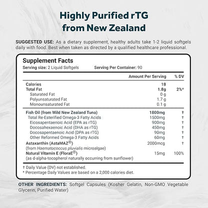 Naturalis Ultimate rTG Omega 3 Fish Oil 1800mg from Wild New Zealand Tuna - Full Spectrum Omega3s EPA, DHA & DPA - Sustainably Sourced, Non-GMO, Gluten Free - 180 Softgels