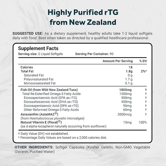 Naturalis Ultimate rTG Omega 3 Fish Oil 1800mg from Wild New Zealand Tuna - Full Spectrum Omega3s EPA, DHA & DPA - Sustainably Sourced, Non-GMO, Gluten Free - 180 Softgels