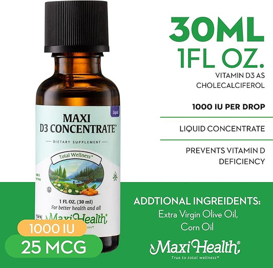 Maxi Health Vitamin D3 Concentrate - 1000 IU Per Drop - Dietary Supplement - Supports Calcium Absorption, Immune Health and Bone Health in Adult Women & Men (1 fl oz)