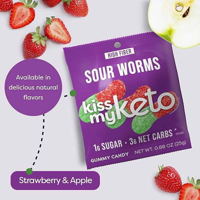 Kiss My Keto Sour Gummy Worms – 1g Sugar, Low Carb, High Fiber, non-GMO Sour Gummies Candy – Healthy Sour Worms Candy, Delicious Sour Gummy Candy Gummy Worm – Gummy Worms Individual Packets (32-pack)