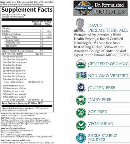 Garden of Life Dr. Formulated Probiotics Fitbiotic Weight Management Powder 50 Billion CFU & Fiber, Organic & Non-GMO Digestive Gut Health Supplement, 3 Oz, Pack of 20