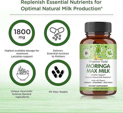 Organic Veda Moringa Max Milk Lactation Supplement 120 Count