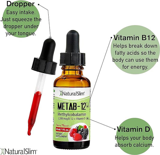 NaturalSlim Metab-12 - Liquid Vitamin B12 Sublingual Supplement 2500 mcg with Vitamin D3 Oral Drops - Methylcobalamin B12 for Metabolism & Energy Booster - Berry Flavor Gluten Free - 1 fl oz