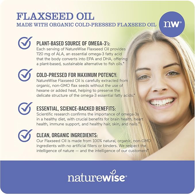 NatureWise Flaxseed Oil 1200mg Softgels 720mg ALA, 3 6 6 9, 9, Supplement 60 Softgels[1-Month Softgels[1-Month Supply]