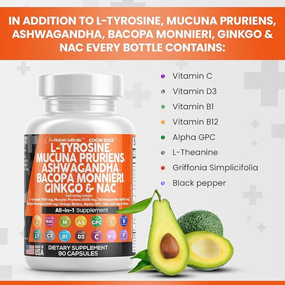 Clean Nutraceuticals L Tyrosine 1000mg Mucuna 6000mg Bacopa 500mg Ashwagandha 4000mg Focus 600mg NAC 5-HTP Ginkgo B1 B12 B12