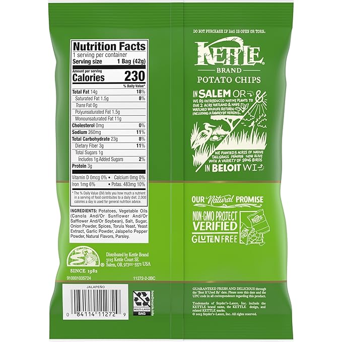 Kettle Brand Potato Chips, Jalapeno Kettle Chips, Snack Bag, 1.5 Oz (Pack of 24)