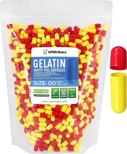 XPRS Nutra Size 00 Empty Capsules - 1000 Count Empty Gelatin Capsules - Empty Pill Capsules - DIY Capsule Filling - Fillable Pill Capsules Empty Gel Caps (Red/Yellow)
