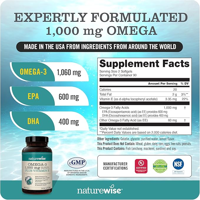 NatureWise Extra-Strength Omega 3 Fish Oil Supplement 1000mg per 600 EPA 400 DHA 180 Softgels[3-Month Softgels[3-Month Supply]